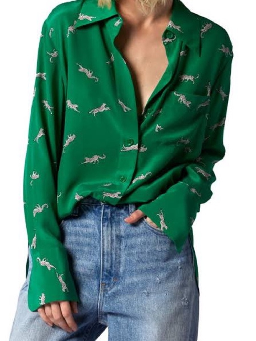 Equipment Green Silk Button-Down Blouse with Leopard Print - 80% OFF MSRP!!!